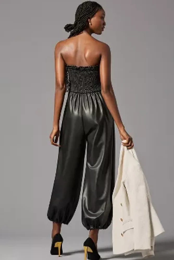 By Anthropologie Faux Leather Balloon Jumpsuit