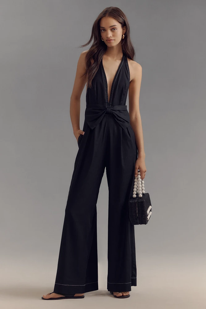 Maeve Linen Halter Bow Jumpsuit