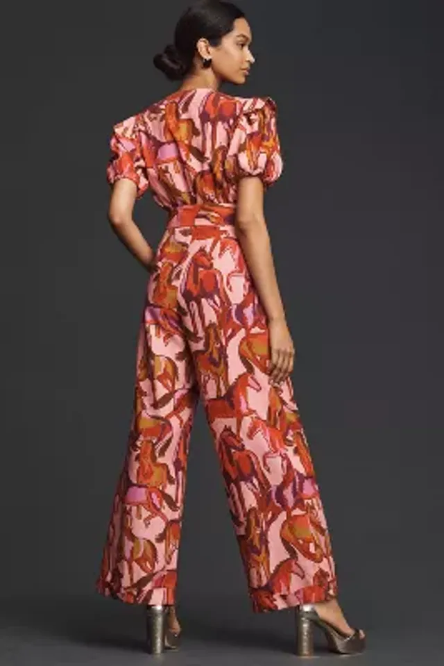 Farm Rio x Anthropologie Puff-Sleeve Floral Jumpsuit