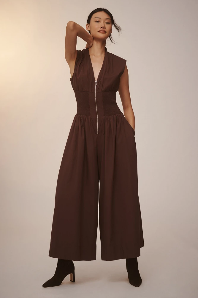 The Tommie Cap-Sleeve Smocked Front-Zip Jumpsuit