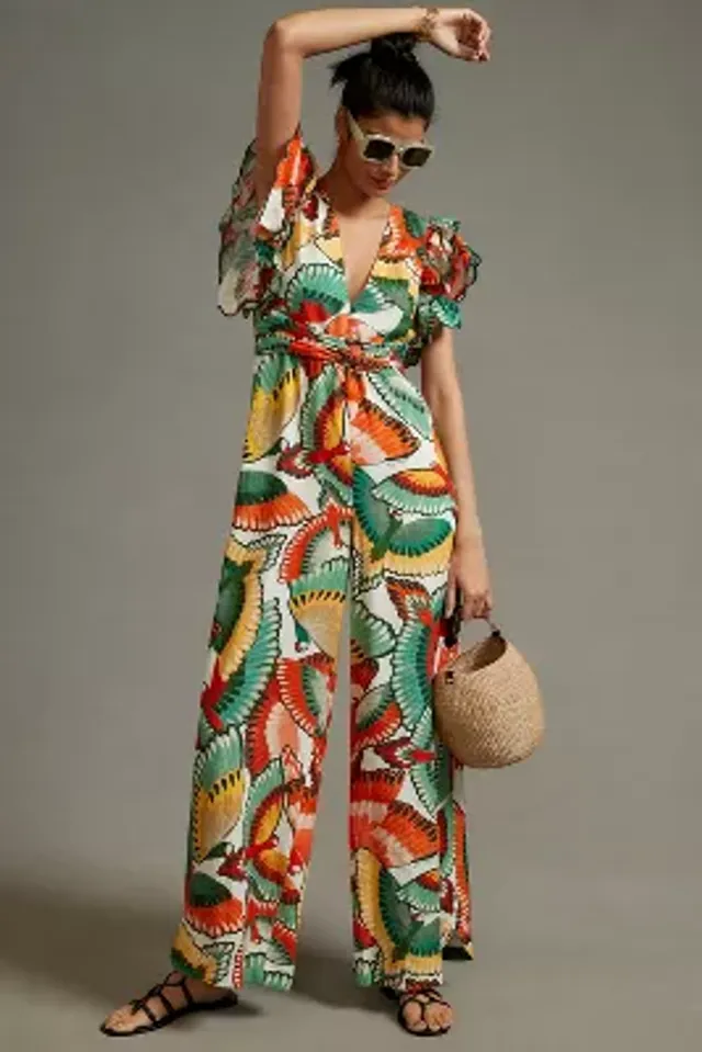 Farm Rio x Anthropologie Puff-Sleeve Floral Jumpsuit