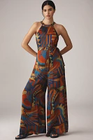 Farm Rio x Anthropologie Halter Printed Satin Jumpsuit