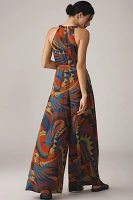 Farm Rio x Anthropologie Halter Printed Satin Jumpsuit