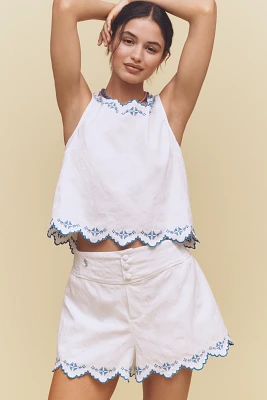 Maeve Embroidered Scallop-Hem Bloomer Shorts