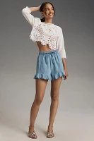 Pilcro Embroidered Ruffle Chambray Shorts