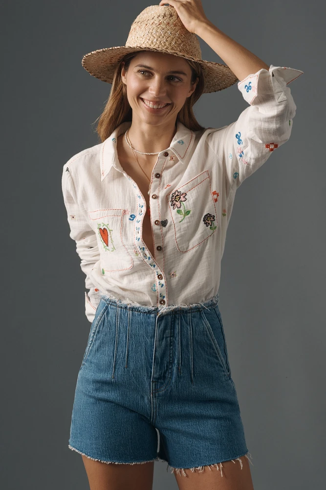 Hudson Harlow High-Rise Frayed Darted Denim Shorts