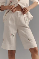 By Anthropologie Linen Embroidered Relaxed Bermuda Shorts