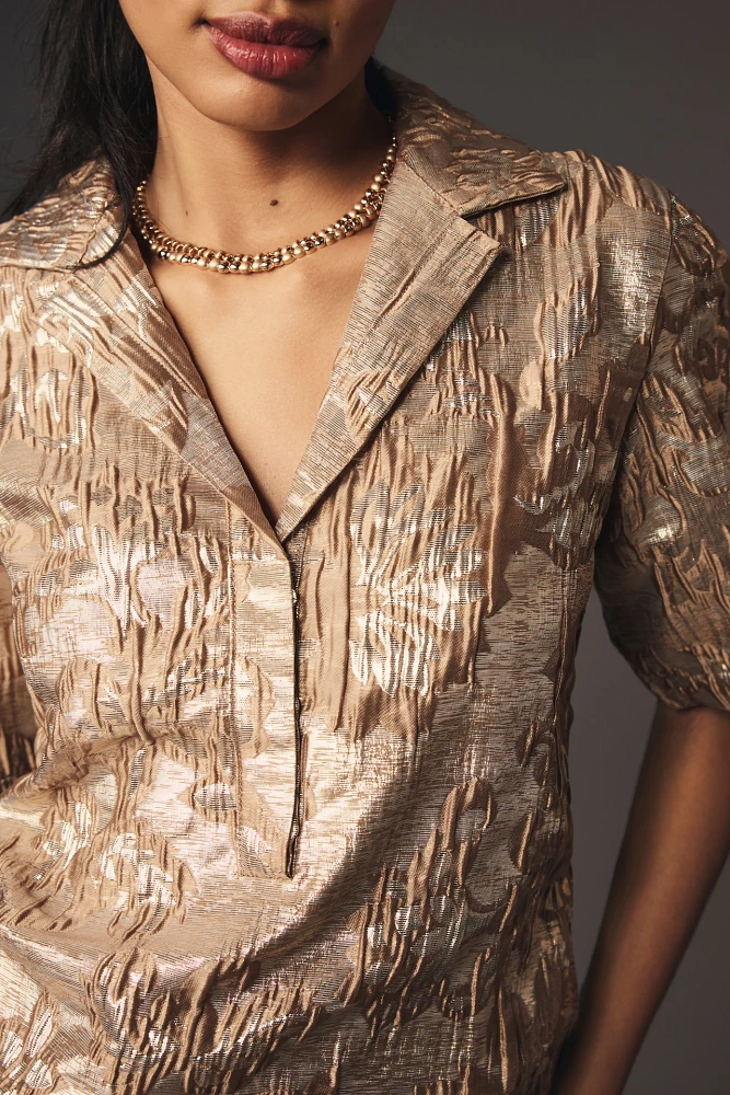 Porridge Short-Sleeve V-Neck Jacquard Mini Shirt Dress
