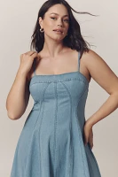 Pilcro Square-Neck Seamed Chambray Midi Dress