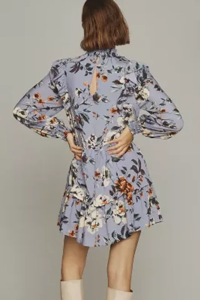 By Anthropologie Long-Sleeve Printed Smocked Mini Dress