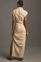 By Anthropologie Cap-Sleeve V-Neck Ruched Slim Midi Dress