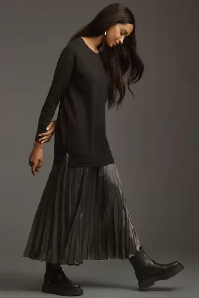 By Anthropologie Long-Sleeve Pleated Twofer Sweater Midi Dress