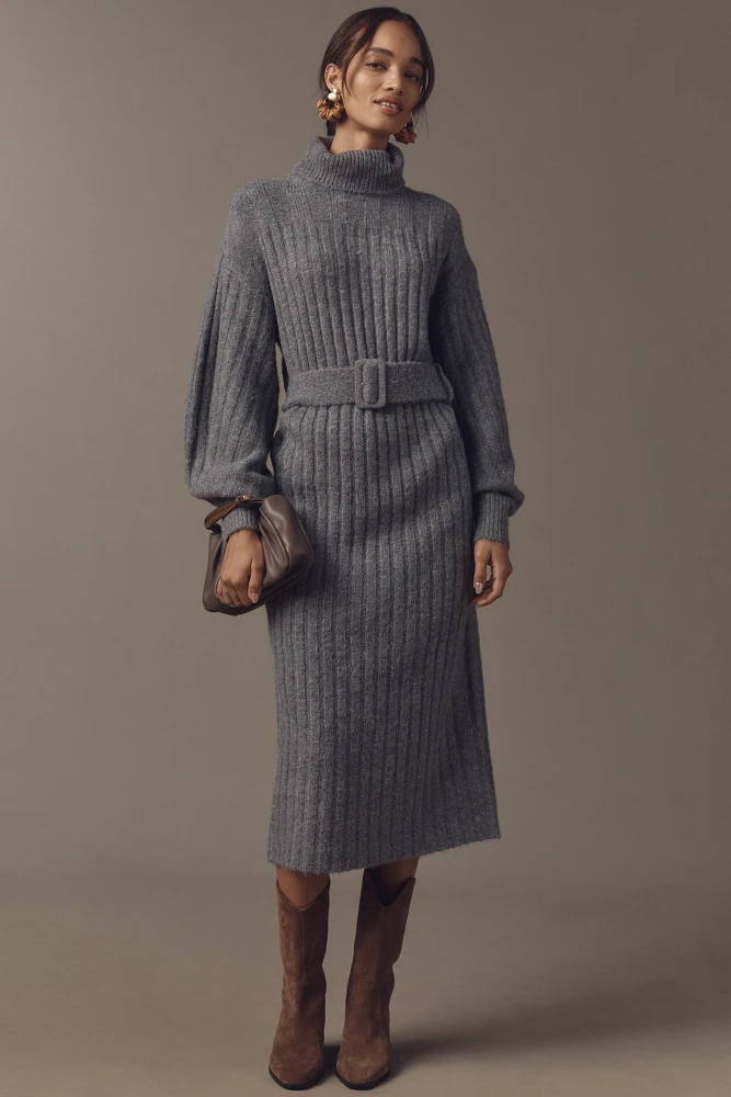 By Anthropologie Long-Sleeve Turtleneck Belted Sweater Midi Dress