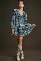 Maeve Long-Sleeve Ruffled V-Neck Printed Mini Dress