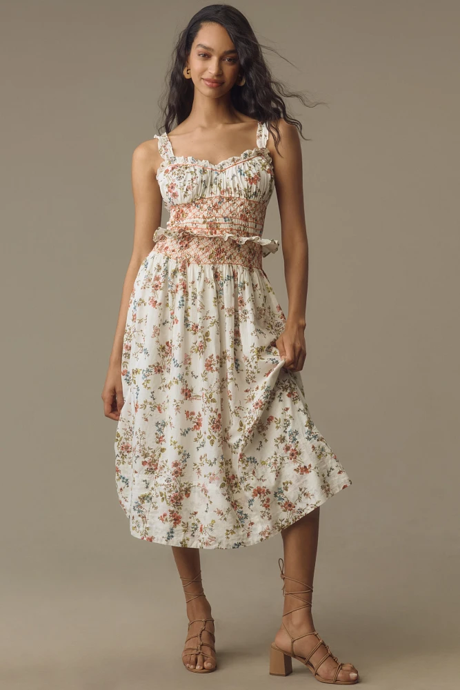 By Anthropologie Sleeveless Smocked-Waist Ruffled Midi Dres