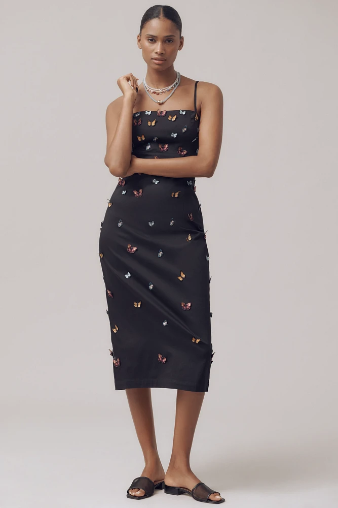 The Brynne 3D Spaghetti-Strap Midi Dress by Maeve: Butterfly-Embellished Edition