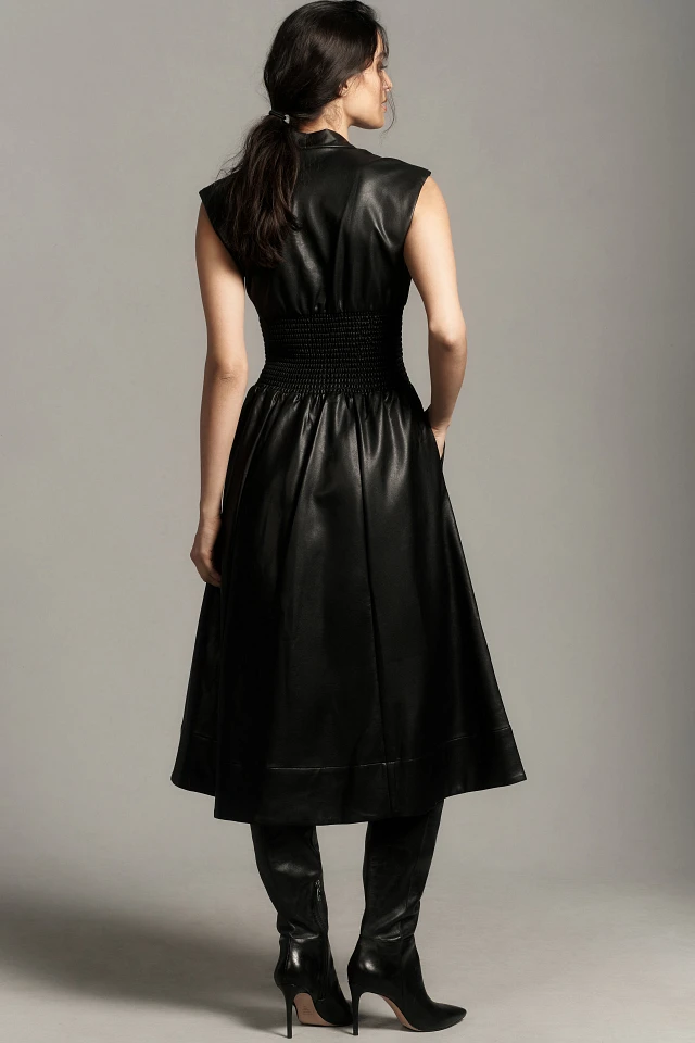 By Anthropologie The Tommie Cap-Sleeve Smocked Front-Zip Shirt Dress: Faux- Leather Edition | The Summit By Anthropologie The Tommie Cap-Sleeve Smocked Front-Zip Shirt Dress: Faux- Leather Edition | The Summit