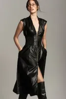 Maeve Cap-Sleeve Faux Leather Smocked Midi Dress