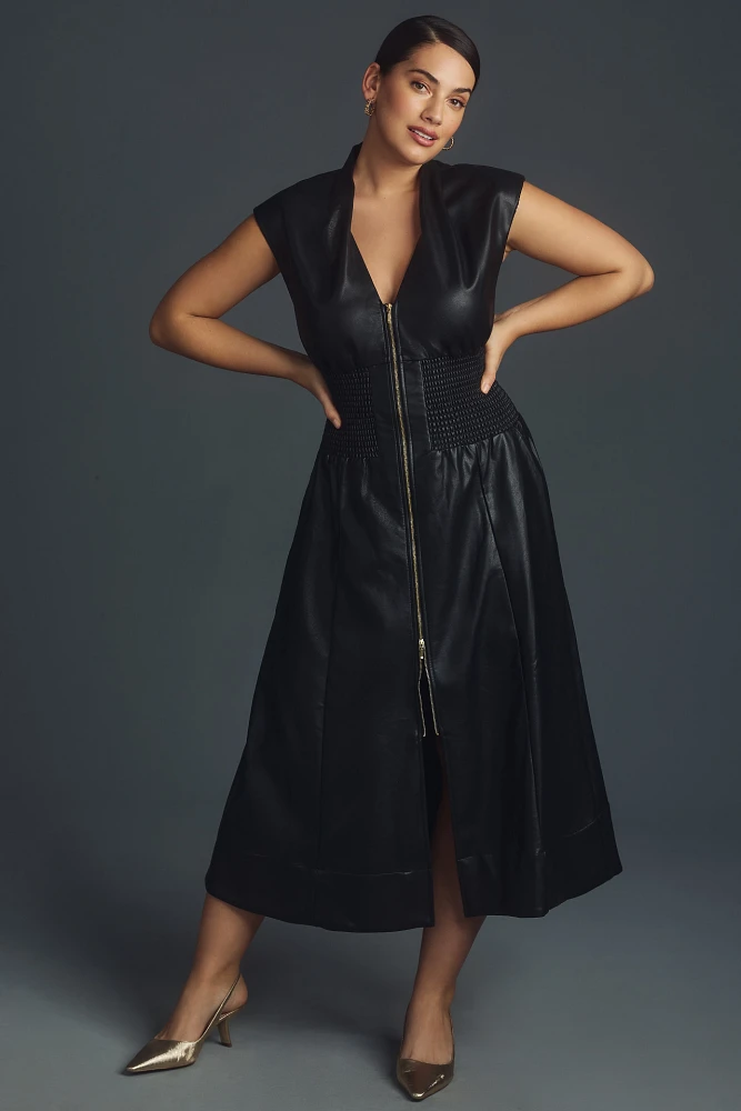 The Tommie Cap-Sleeve Smocked Front-Zip Shirt Dress: Faux-Leather Edition