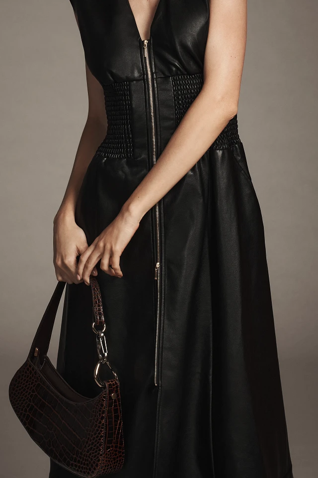 By Anthropologie The Tommie Cap-Sleeve Smocked Front-Zip Shirt Dress: Faux- Leather Edition | The Summit