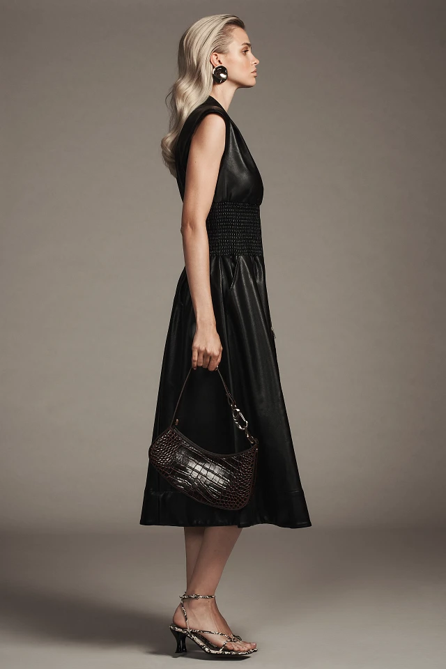 By Anthropologie The Tommie Cap-Sleeve Smocked Front-Zip Shirt Dress: Faux- Leather Edition | The Summit By Anthropologie The Tommie Cap-Sleeve Smocked Front-Zip Shirt Dress: Faux- Leather Edition | The Summit