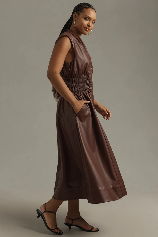 By Anthropologie The Tommie Cap-Sleeve Smocked Front-Zip Shirt Dress: Faux- Leather Edition | The Summit