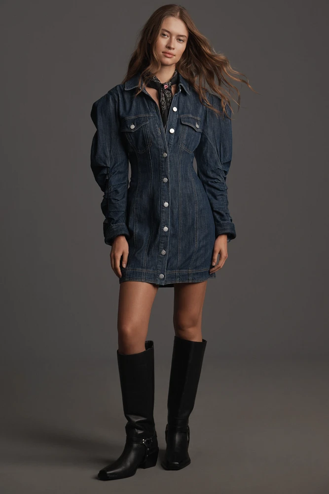 Pilcro Long-Sleeve Button-Front Seamed Denim Mini Dress