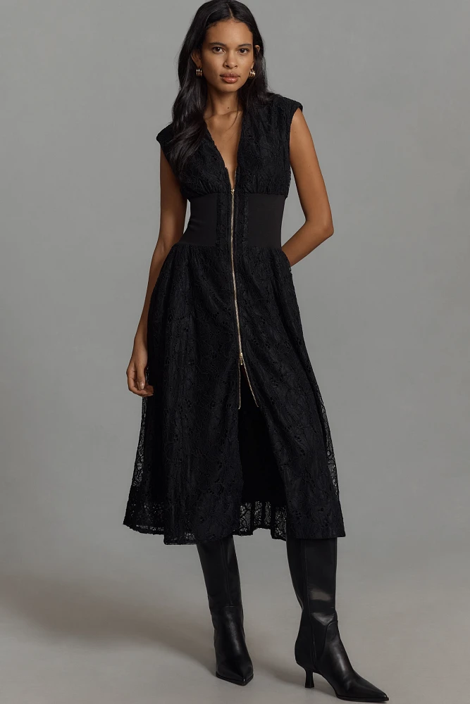 The Tommie Cap-Sleeve Smocked Front-Zip Shirt Dress: Lace Edition