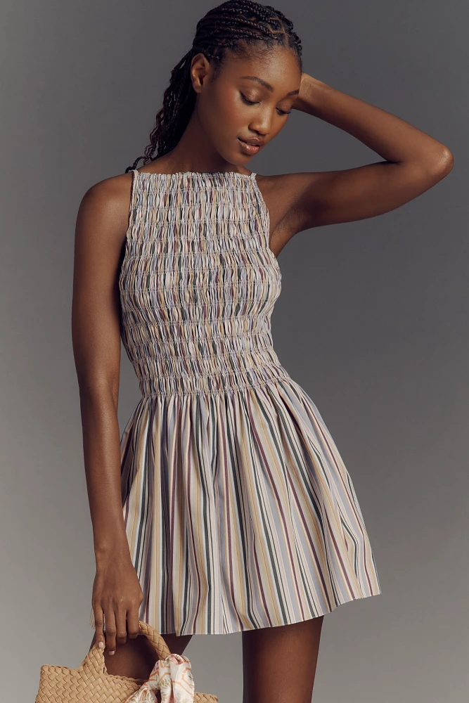 Faithfull Laia Sleeveless High-Neck Smocked A-Line Mini Dress