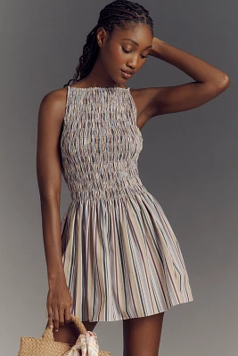 Faithfull Laia Sleeveless High-Neck Smocked A-Line Mini Dress