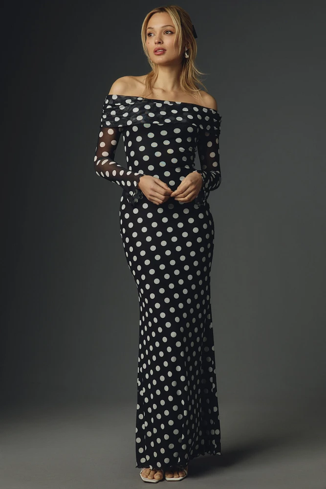 AFRM Long-Sleeve Off-The-Shoulder Mesh Maxi Dress