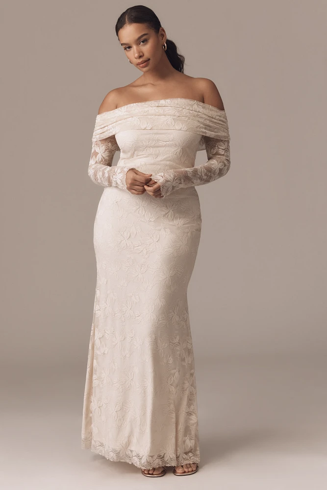 AFRM Long-Sleeve Off-The-Shoulder Mesh Maxi Dress
