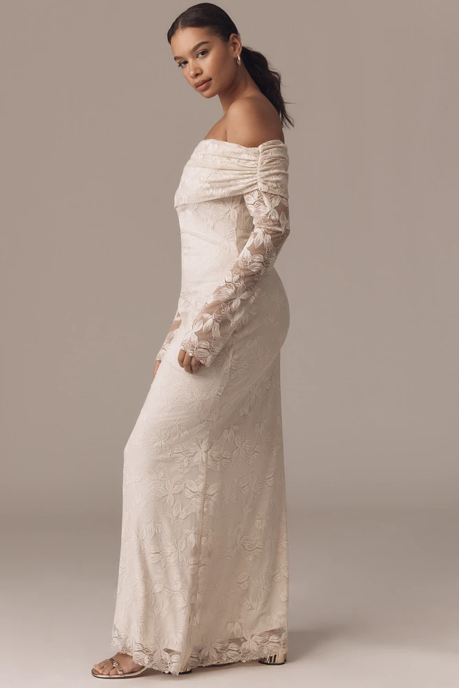 AFRM Long-Sleeve Off-The-Shoulder Mesh Maxi Dress