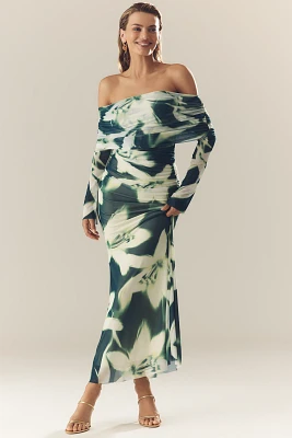 AFRM Polly Off-The-Shoulder Long-Sleeve Mesh Maxi Dress
