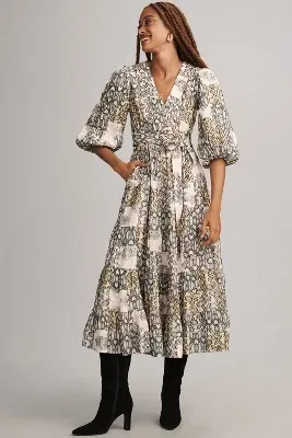 By Anthropologie V-Neck Textured Midi Dress