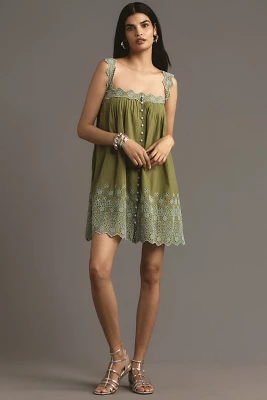 By Anthropologie Square-Neck Embroidered Babydoll Mini Dress