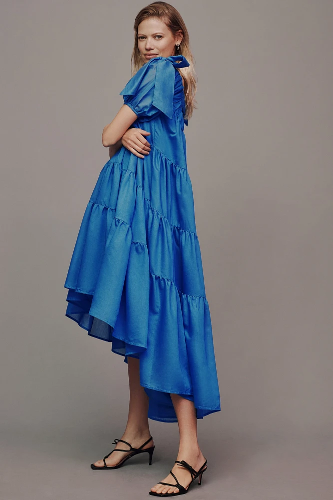 By Anthropologie Off-The-Shoulder Tiered High-Low Midi Dress