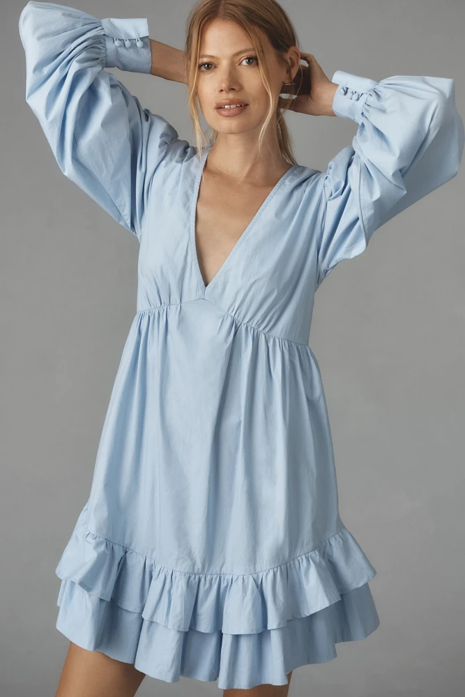 Maeve Long-Sleeve V-Neck Ruffle Mini Dress