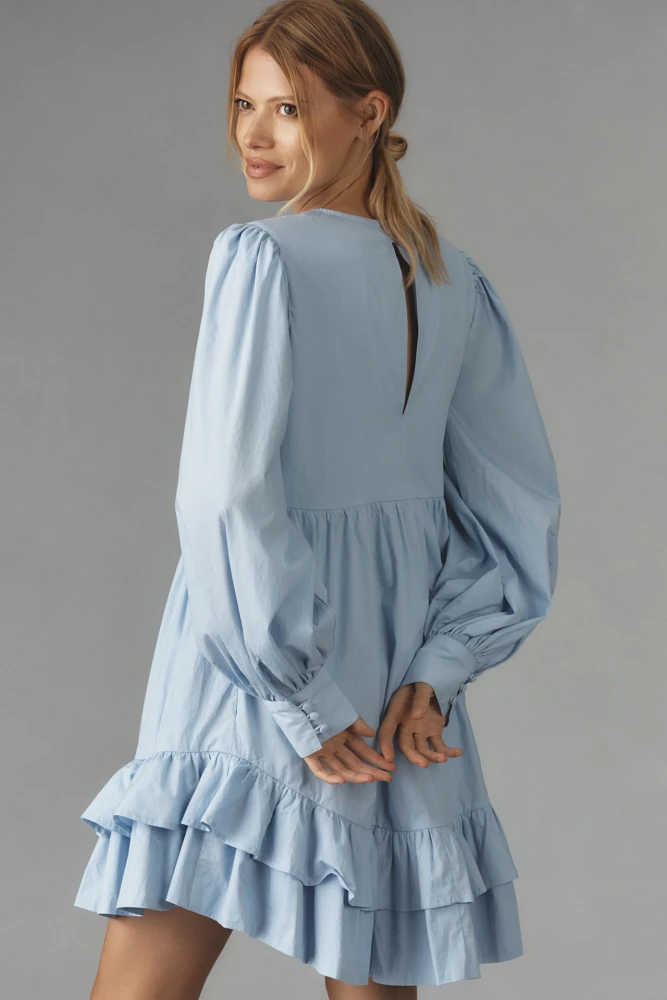 Maeve Long-Sleeve V-Neck Ruffle Mini Dress