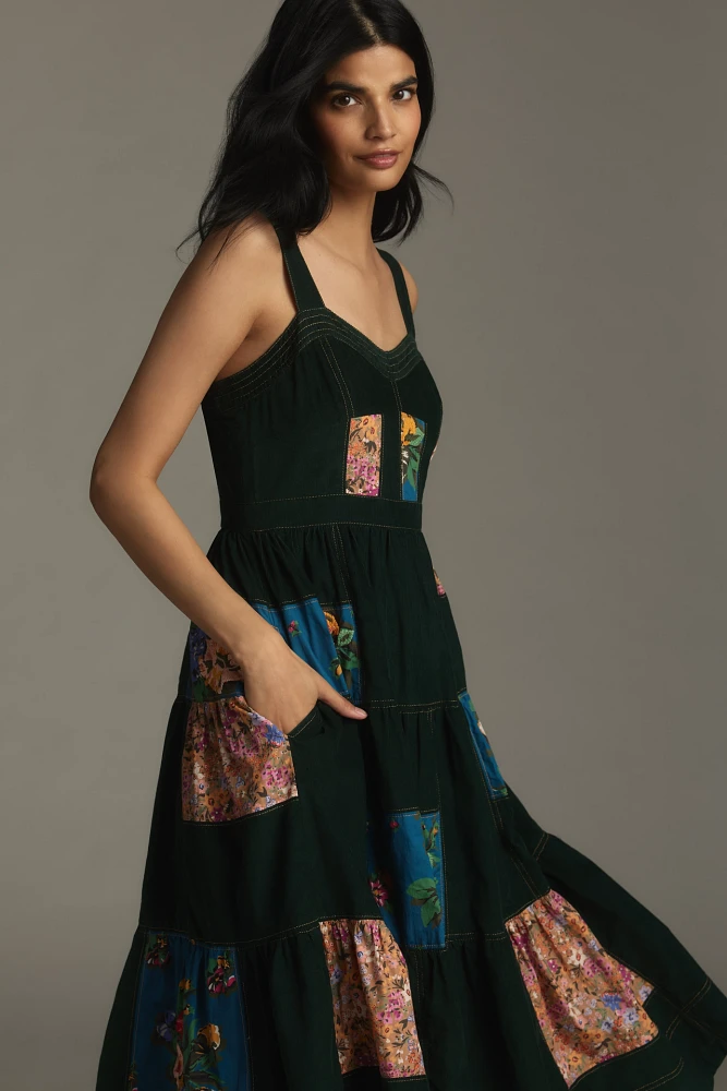 Maeve Patchwork Corduroy Midi Dress