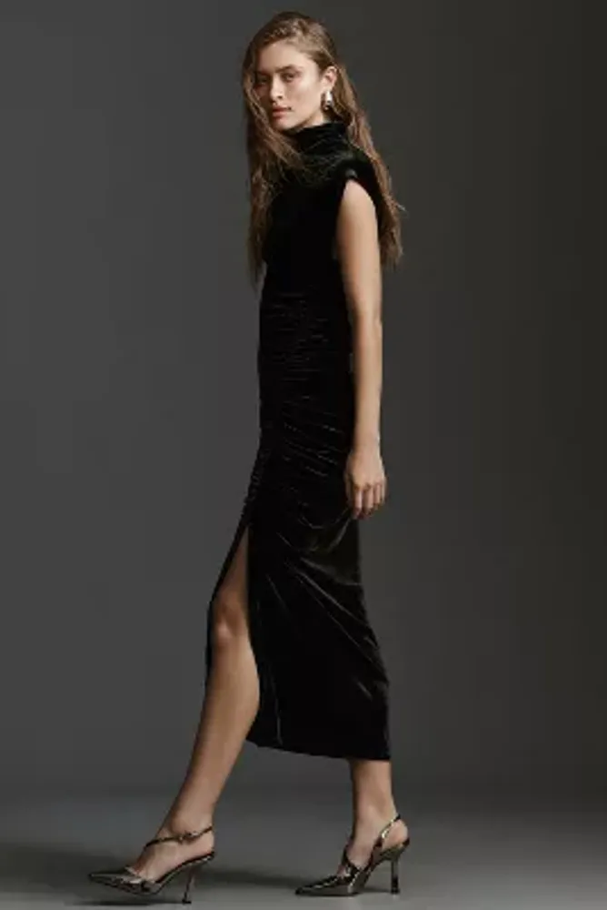 The Maya Ruched Cowl-Neck Dress: Stretch Velvet Edition