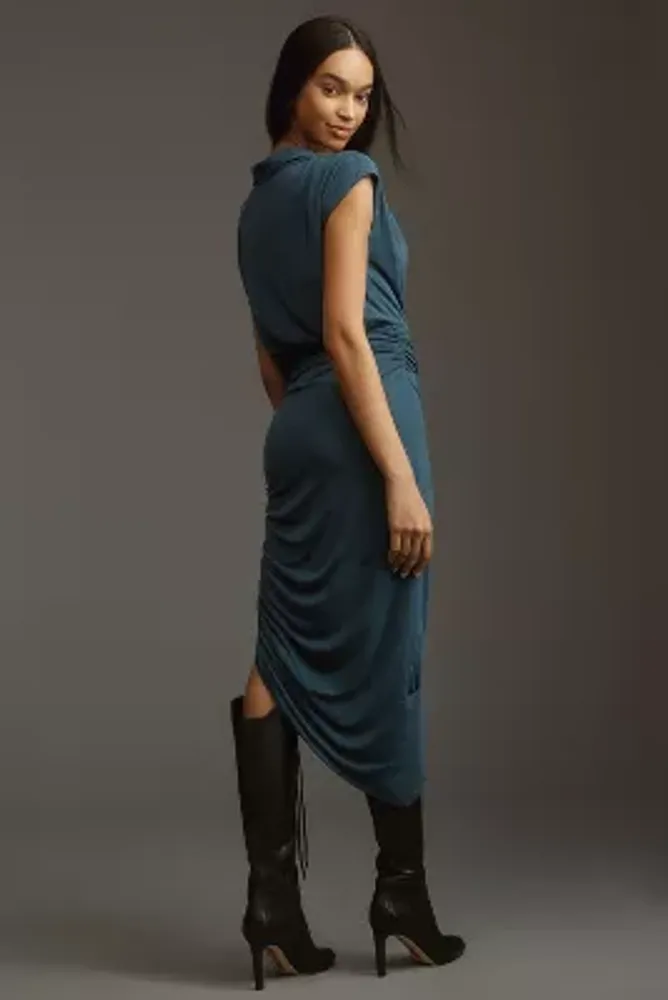 By Anthropologie Ruched Cowl-Neck Cap-Sleeve Midi Dress