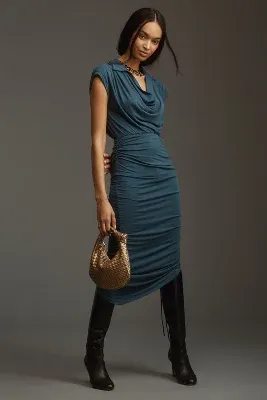 By Anthropologie Ruched Cowl-Neck Cap-Sleeve Midi Dress