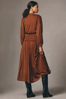 Maeve Long-Sleeve V-Neck Ruched Midi Dress