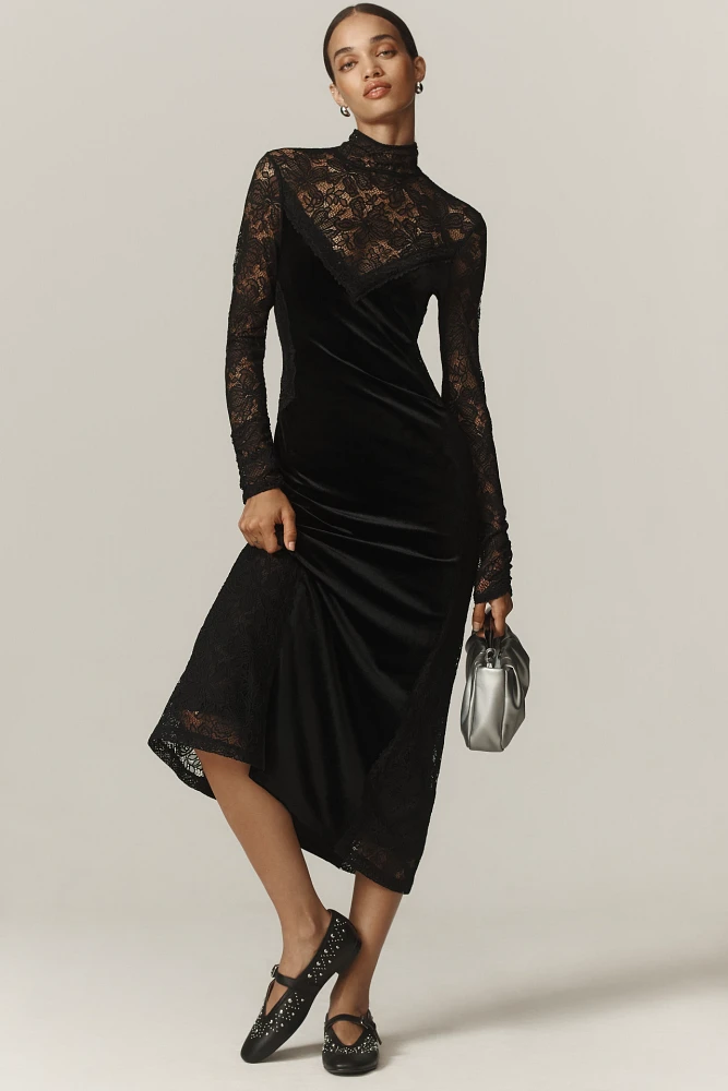 By Anthropologie Long-Sleeve Mock-Neck Lace Velvet Slip Midi Dress