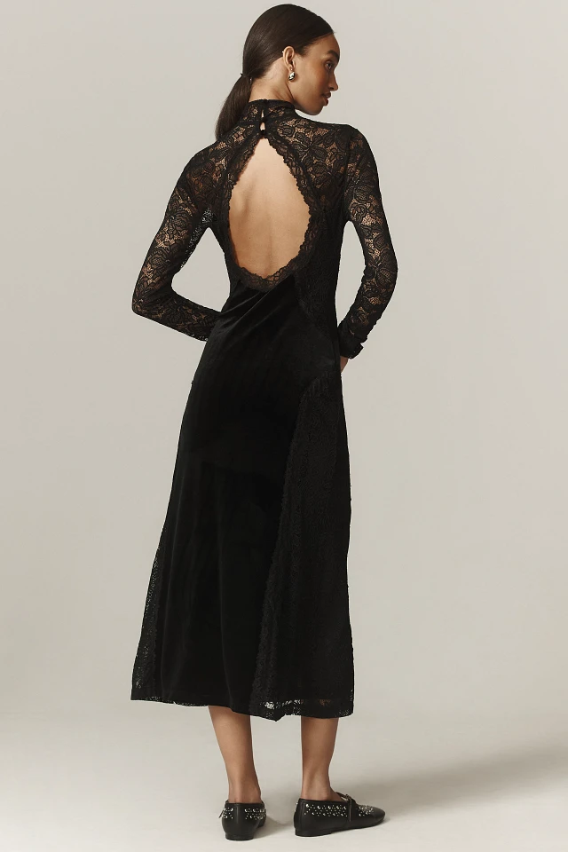 By Anthropologie Long-Sleeve Mock-Neck Lace Velvet Slip Midi Dress | The Summit By Anthropologie Long-Sleeve Mock-Neck Lace Velvet Slip Midi Dress | The Summit