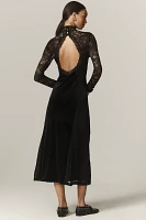 By Anthropologie Long-Sleeve Mock-Neck Lace Velvet Slip Midi Dress