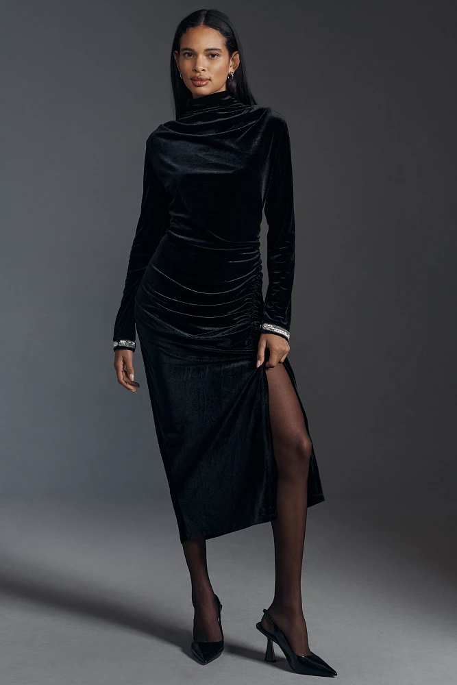 The Maya Ruched Cowl-Neck Dress: Velvet Long-Sleeve Edition