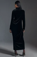 The Maya Ruched Cowl-Neck Dress: Velvet Long-Sleeve Edition