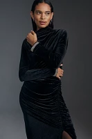 The Maya Ruched Cowl-Neck Dress: Velvet Long-Sleeve Edition